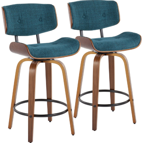 Lombardi 26" Swivel Counter Stool in Walnut Wood & Teal Fabric w/ Black Footrest (Set of 2)